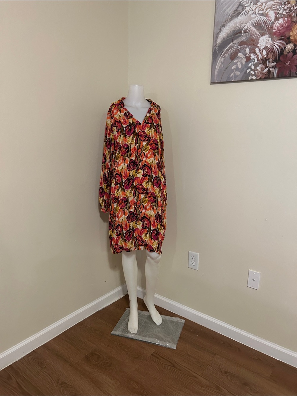 Worthington Long-Sleeve Floral Shift Dress in Yellow, Red and Orange